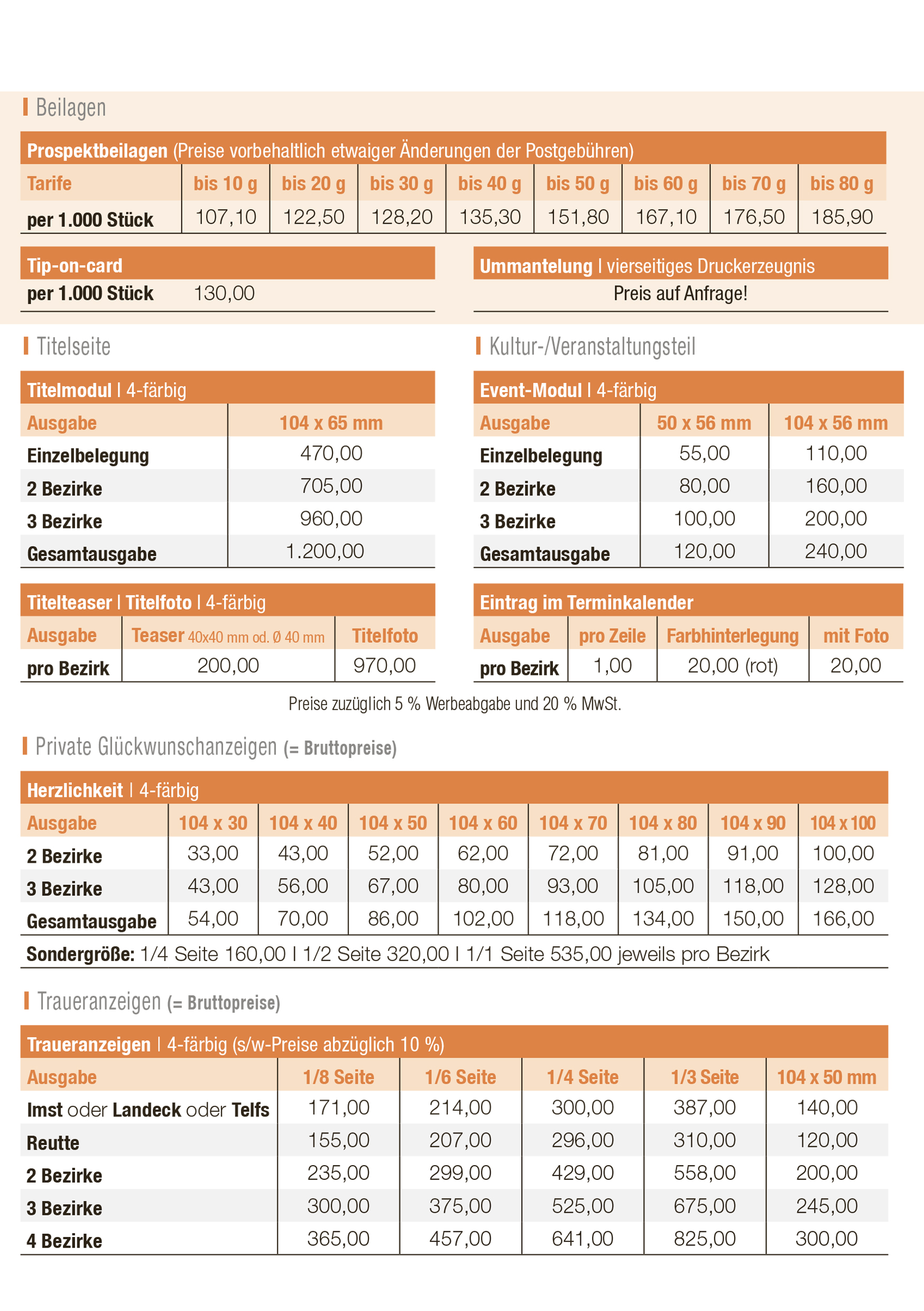 Anzeigenpreise divers